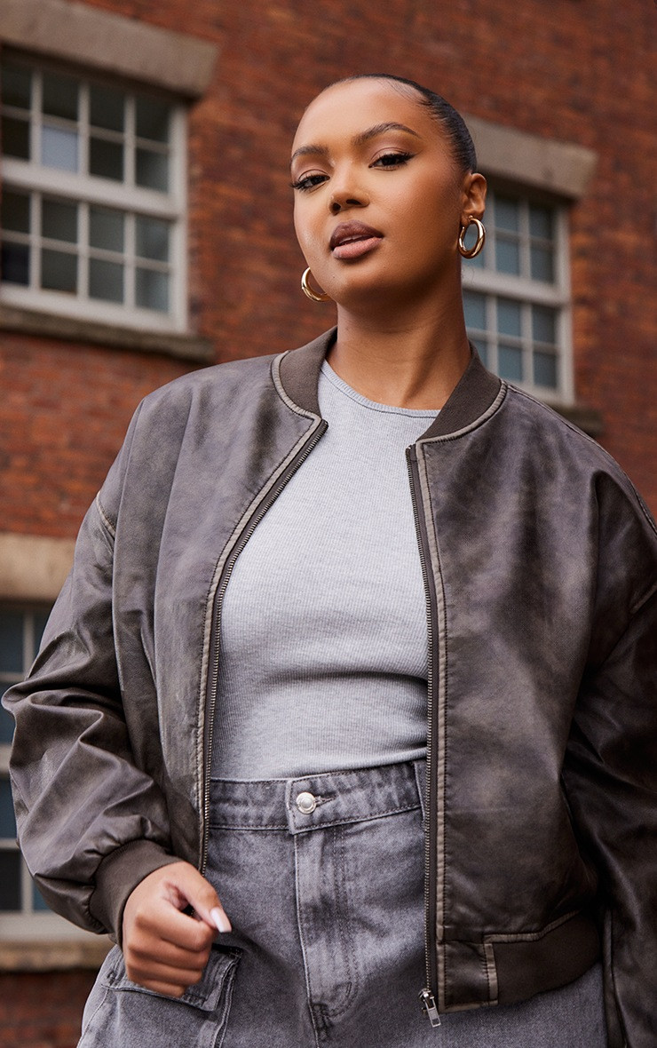 Plus Brown Distressed Faux Leather Bomber Jacket | PrettyLittleThing US