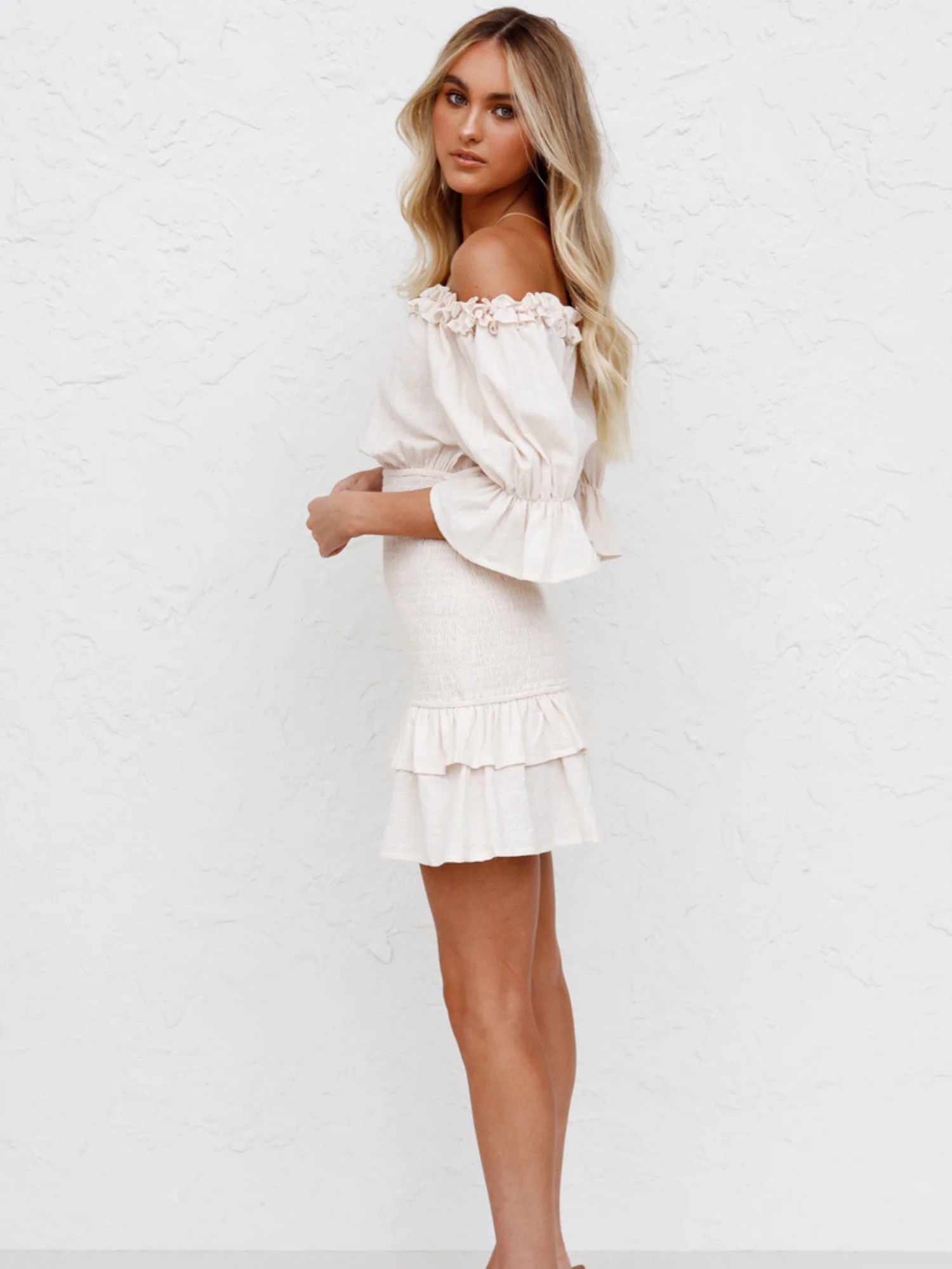 'Bonnie' Off The Shoulder Ruffle Ruched Mini Dress (3 Colors) | Goodnight Macaroon