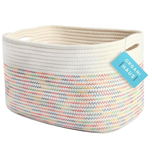 OrganiHaus Woven Storage Baskets for Organizing, Cotton Rope Organizer Bins for Shelves, Closet & Nursery, Dog Toy Basket, Decorative Bins for Toys, Towels & Books - 15x10x9, Rainbow Stitches | Amazon (US)