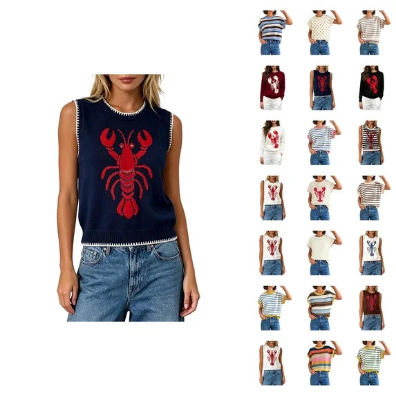 ’s Lobster Knit Vest Crewneck Sleeveless Sweater Contrast Trim Design | Walmart (US)