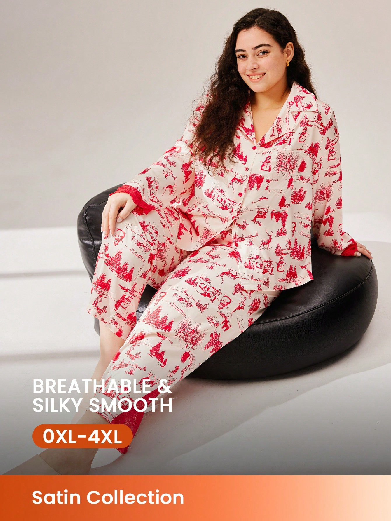 LUVLETTE Plus Christmas Sweet Printed Lace Lined Button Up Pajama Set Women's Lounge Set | SHEIN