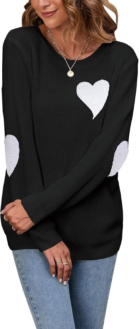 shermie Women's Cute Heart Pattern Elbow Patchwork Casual Crewneck Knitted Sweaters Pullover | Amazon (US)