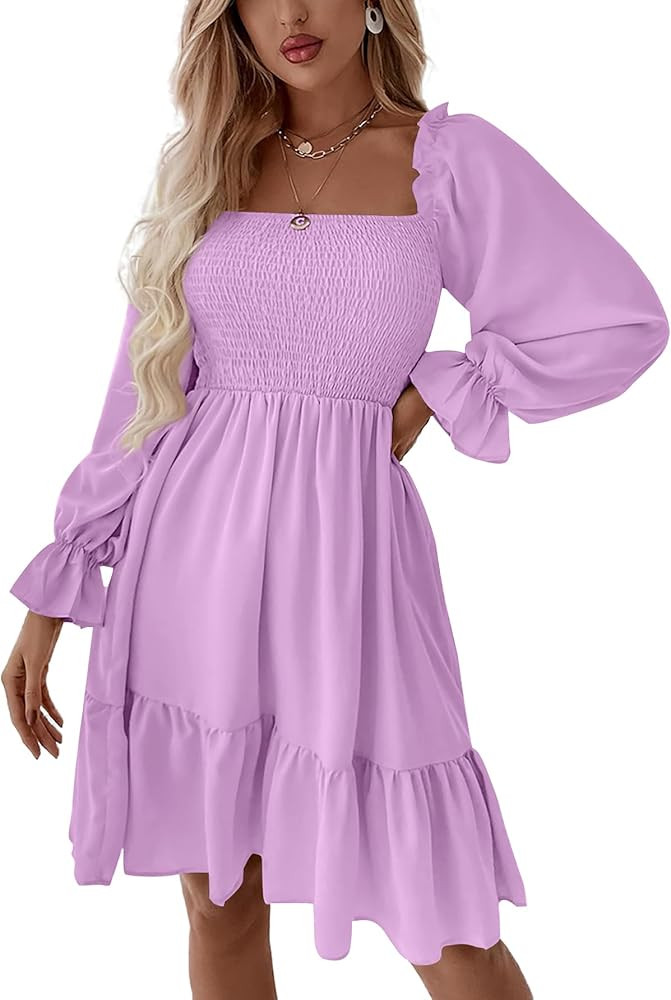 LYANER Women's Square Neck Lantern Long Sleeve Ruffle Shirred Flowy Party Mini Dress | Amazon (US)