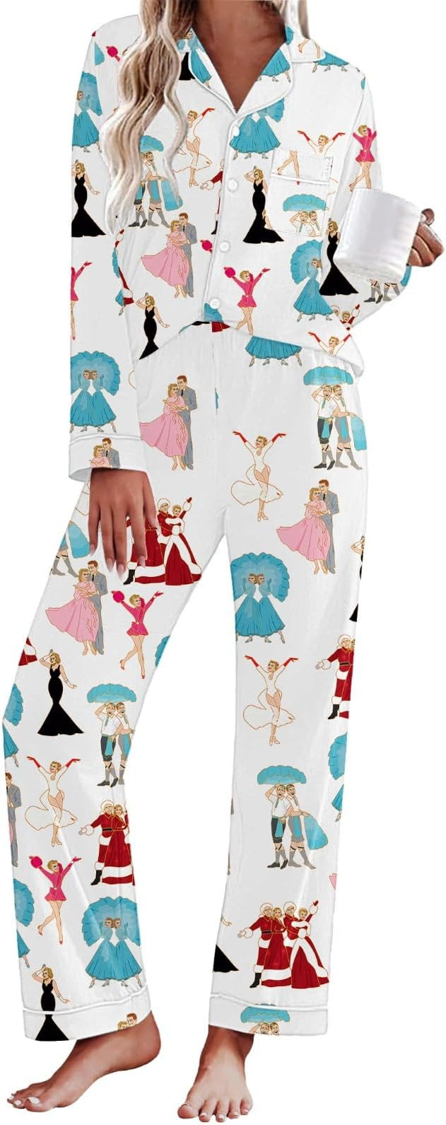 Satin Silk Christmas Pajamas Set for Women White Christmas Pjs Button Up Shirt+Pants 2 Piece Xmas... | Amazon (US)