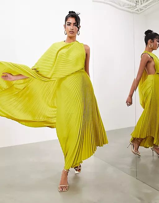 ASOS EDITION statement one sleeve pleated maxi dress in chartreuse | ASOS (Global)
