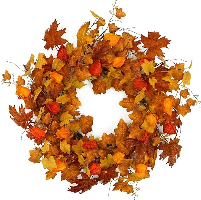 22 inch Artificial Fall Wreath Maple Leaf Wreath with Cape Gooseberry for Front Door Indoor Outdo... | Amazon (US)