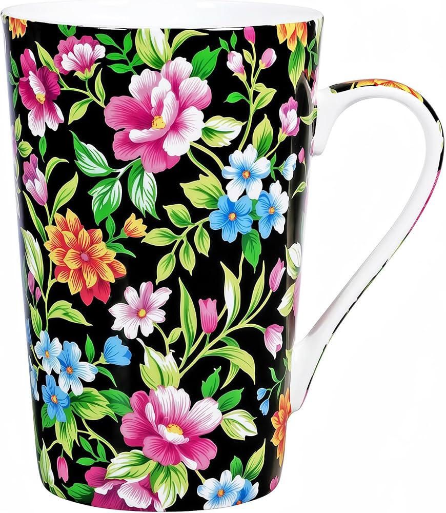 Bone China Tall Coffee Mug Floral Coffee Mug Tea Cup - 14 oz Flower Tea Cup Tall Coffee Cup Gifts... | Amazon (US)