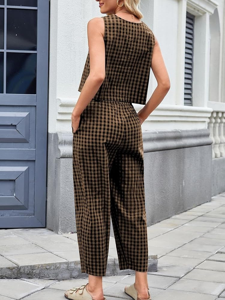 Womens Cotton Linen Checker Set 2 Piece Beach Vacation Outfit Summer Tank Top Pants Suit | Amazon (US)