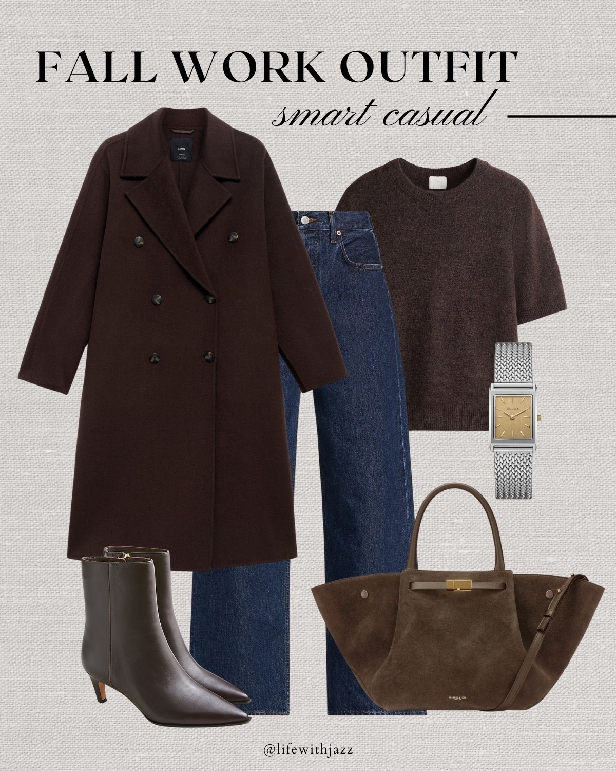 Fall work capsule outfit 

Fall capsule / office outfit / smart casual style/chocolate brown coat / chocolate brown sweater tee / dark blue wide leg jeans / chocolate brown boots / suede Demellier bag / Breda watch / elevated style 

#LTKStyleTip #LTKWorkwear