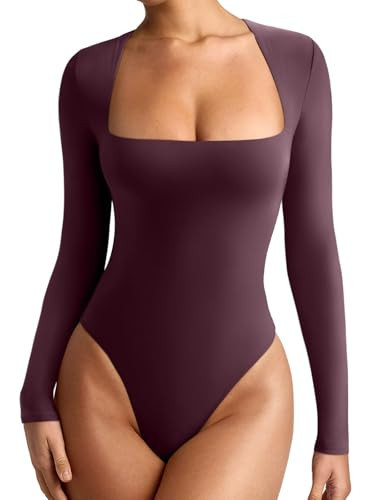 REORIA Womens Sexy Basic Long Sleeve Square Neck Double Lined Leotards Shirts Going Out Cute Thong Bodysuit Tops Fig Large | Amazon (US)