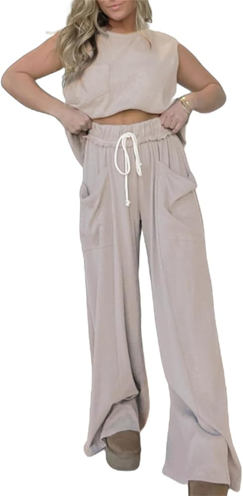 KEOMUD Women Summer 2 Piece Outfits Lounge Set 2025 Casual Sleeveless Tank Top and Wide Leg Pants... | Amazon (US)