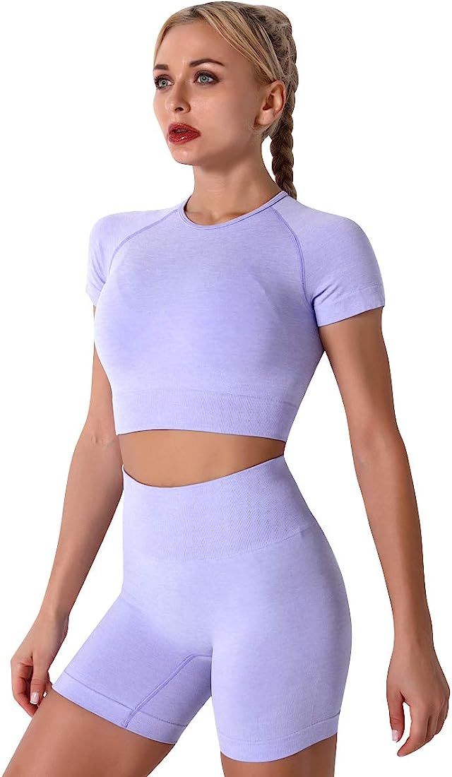 IWEMEK Women Seamless Yoga Outfits 2 Piece Workout Short Sleeve Crop Top with High Waisted Runnin... | Amazon (US)