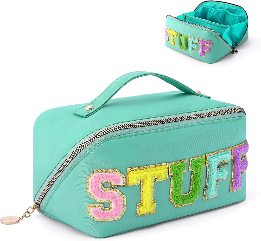 LONEDREAM Stoney Clover Preppy Makeup Bag, Large Capacity Travel Cosmetic Bag, Chenille Letter Op... | Amazon (US)