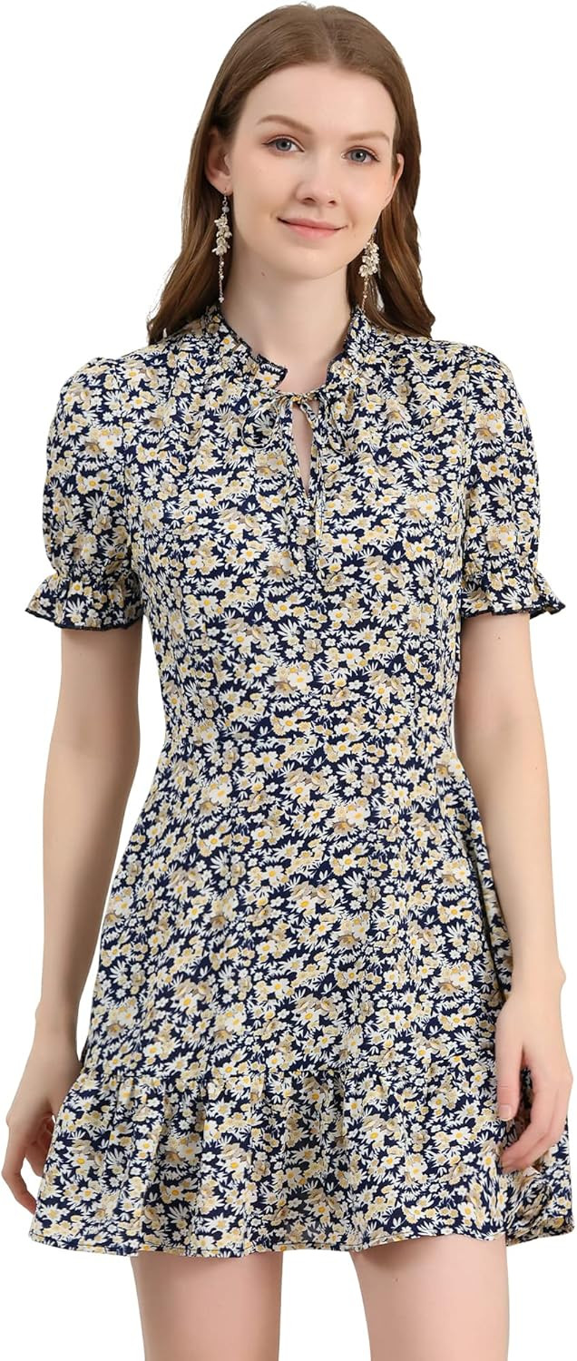 Allegra K Women's Summer Chiffon Dress Ruffle Tie Neck Puff Short Sleeve Floral Dress | Amazon (US)