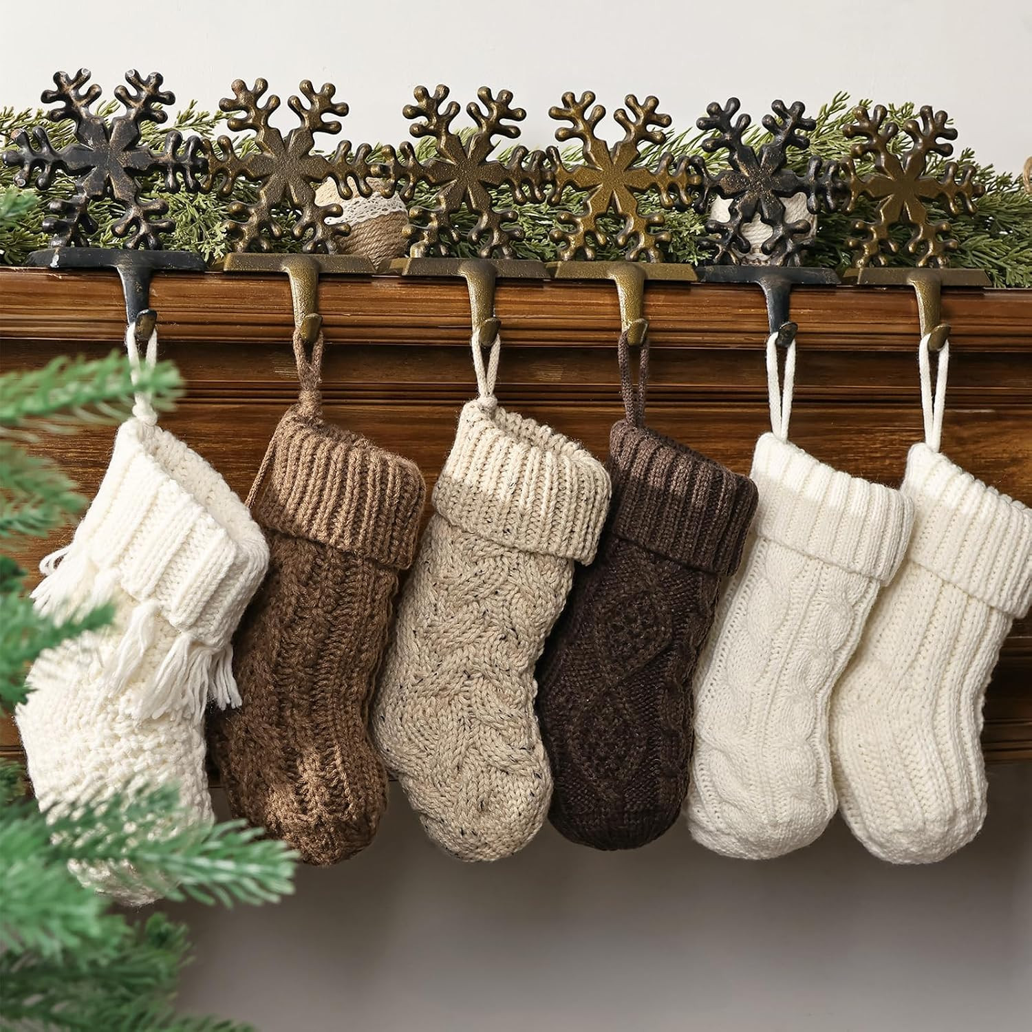 Farmhouse Knitted Mini Christmas Stockings: 6 Pack 9 Inch Earth Tones & Cream White Cable Knit Fireplace Stockings, Cozy Hanging Xmas Stockings Decorations for Family Holiday Decor, White Beige Brown | Amazon (US)