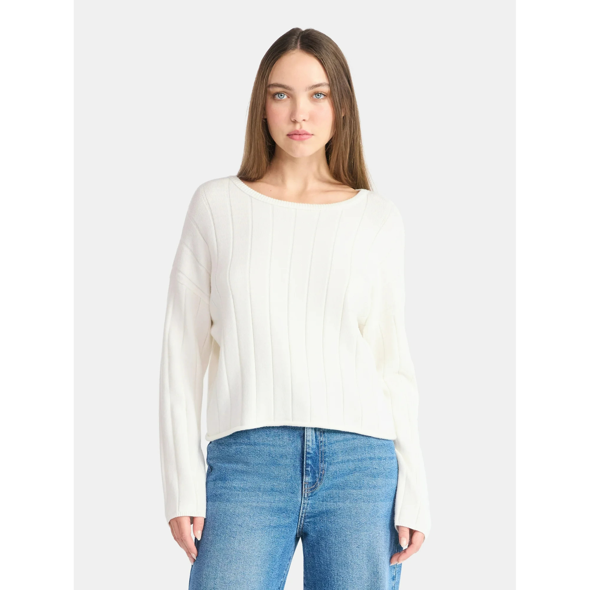 No Boundaries Wide Ribbed Scoop Neck Sweater, Midweight, Women's | Walmart (US)