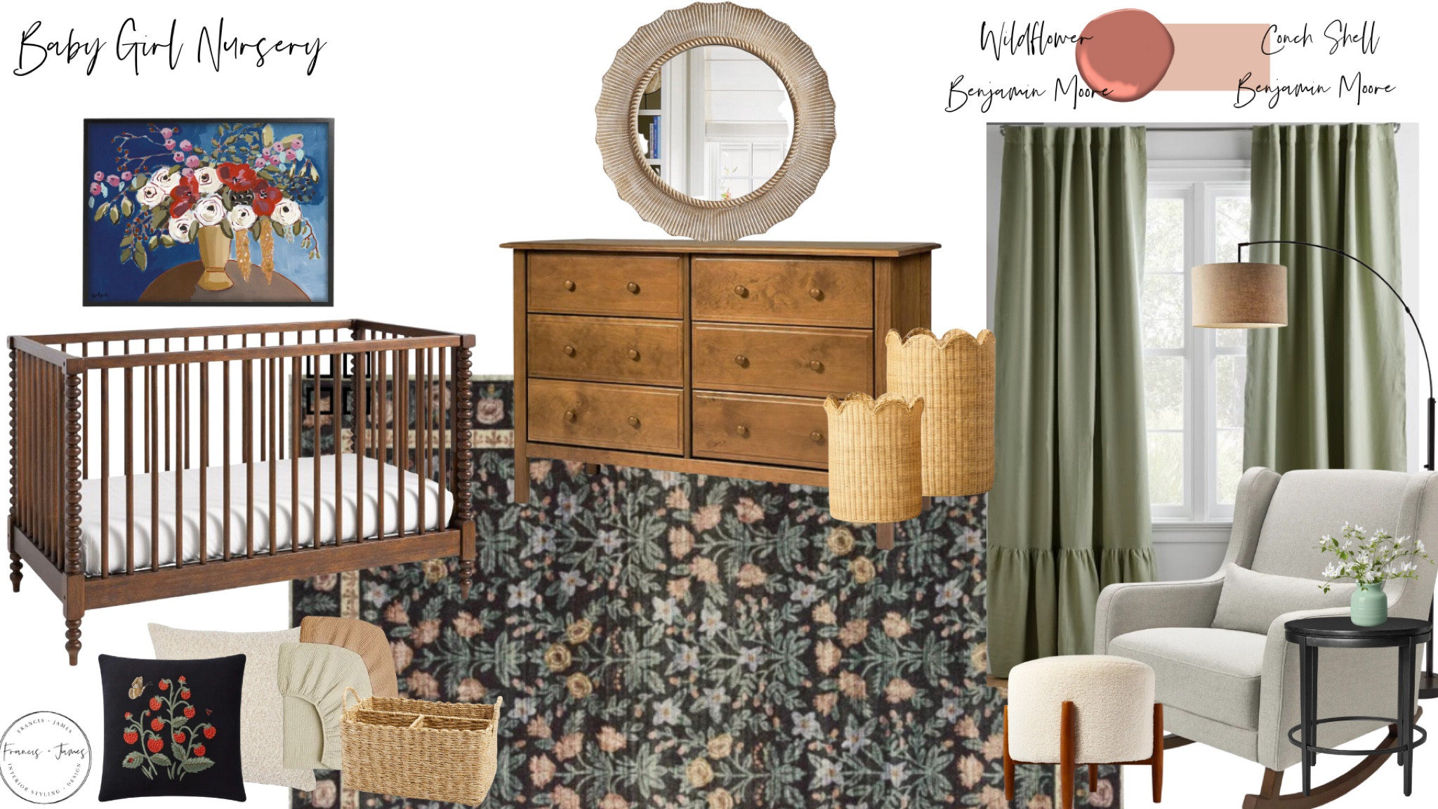 Nursery, baby nursery, baby girl, baby girl decor, girl room, big girl room, green curtains, glider, rattan baskets, wooden crib, wooden dresser, wildflower art, pink paint colors, neutral nursery 

#LTKbump #LTKbaby #LTKkids