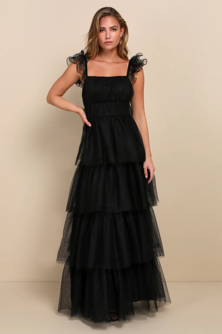 Tulle For Love Black Mesh Tulle Tiered Ruffled Maxi Dress | Lulus