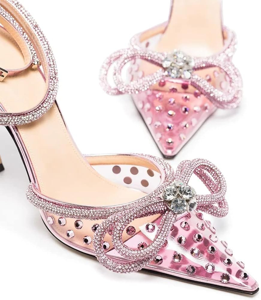 MissHeel Clear Rhinestone Ankle Strap Pumps Heels with Crystal Double Bows 3 inch | Amazon (US)