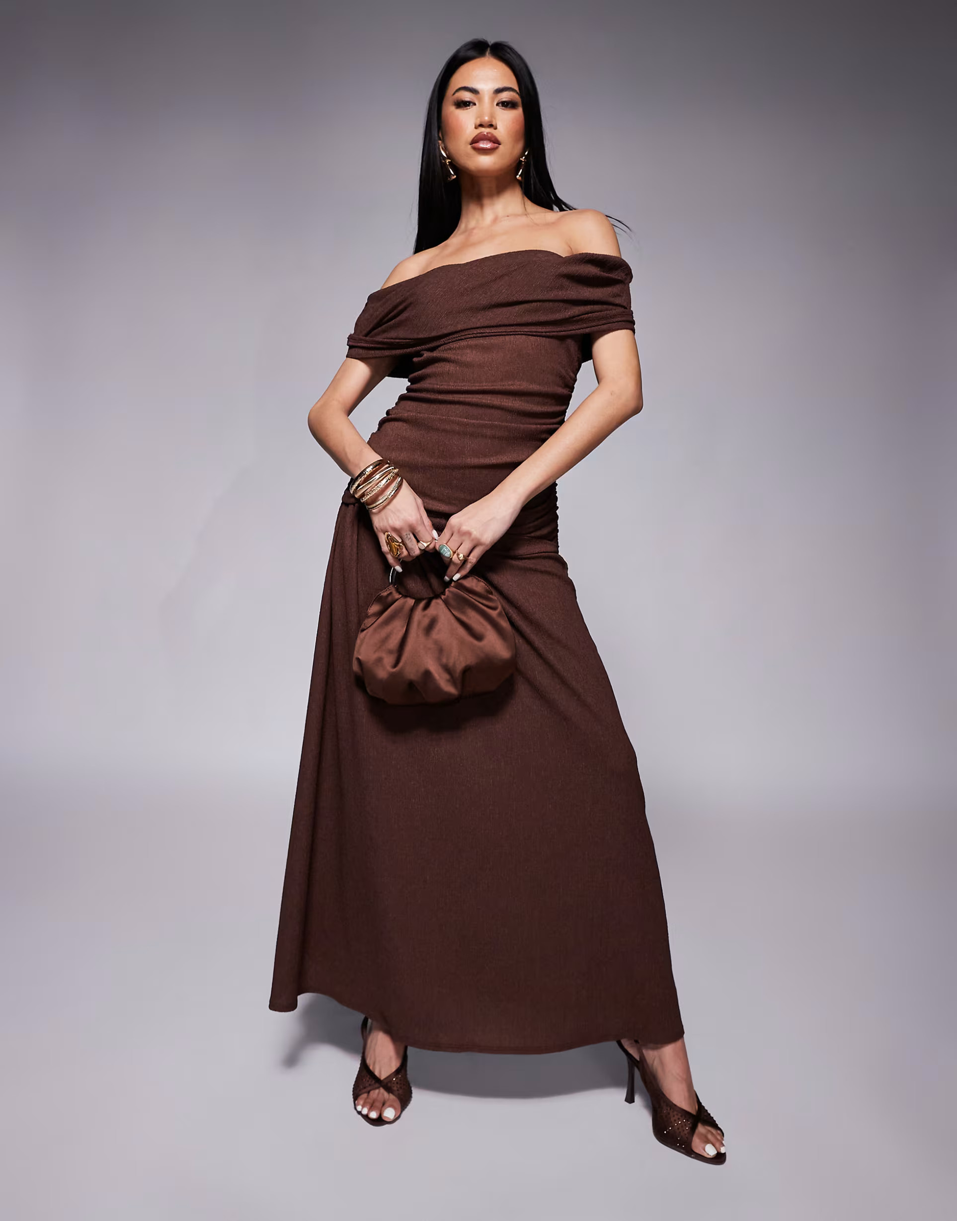 ASOS DESIGN fallen shoulder ruched asym waist midaxi dress in brown | ASOS | ASOS (Global)