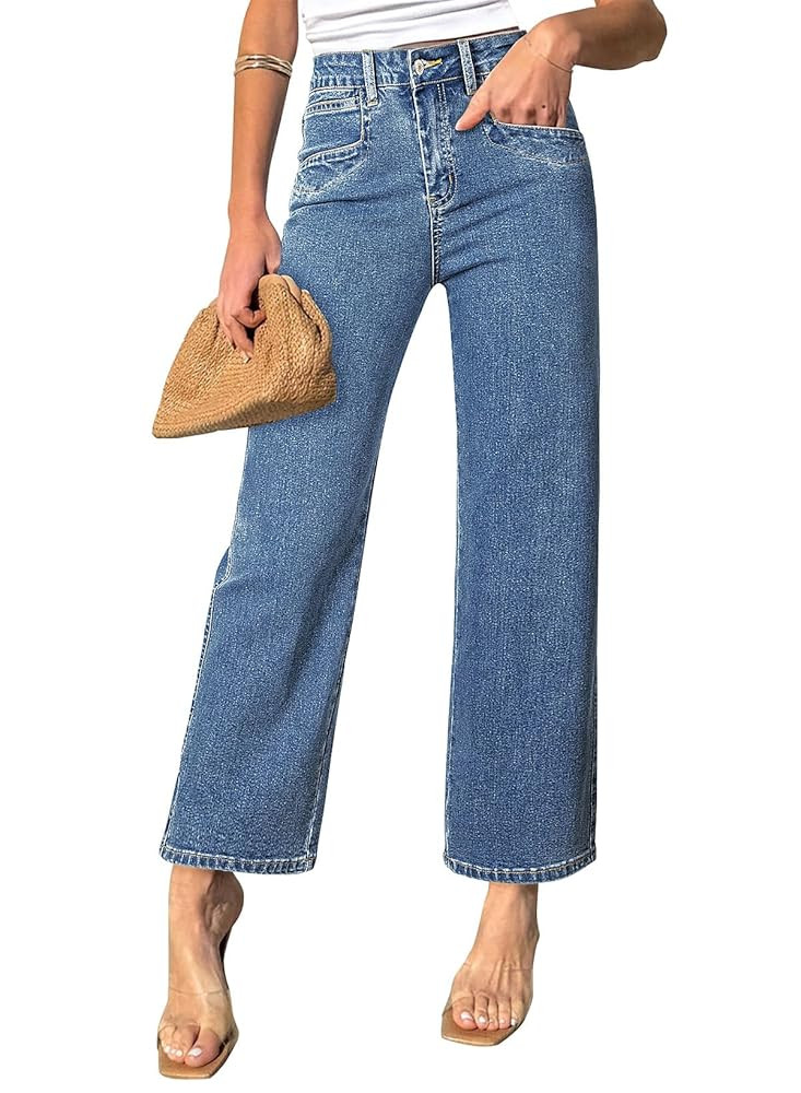 Sidefeel Women's Wide Leg Jeans High Waisted Stretchy Jeans Straight Leg Zimbaplatinum Ankle Deni... | Amazon (US)