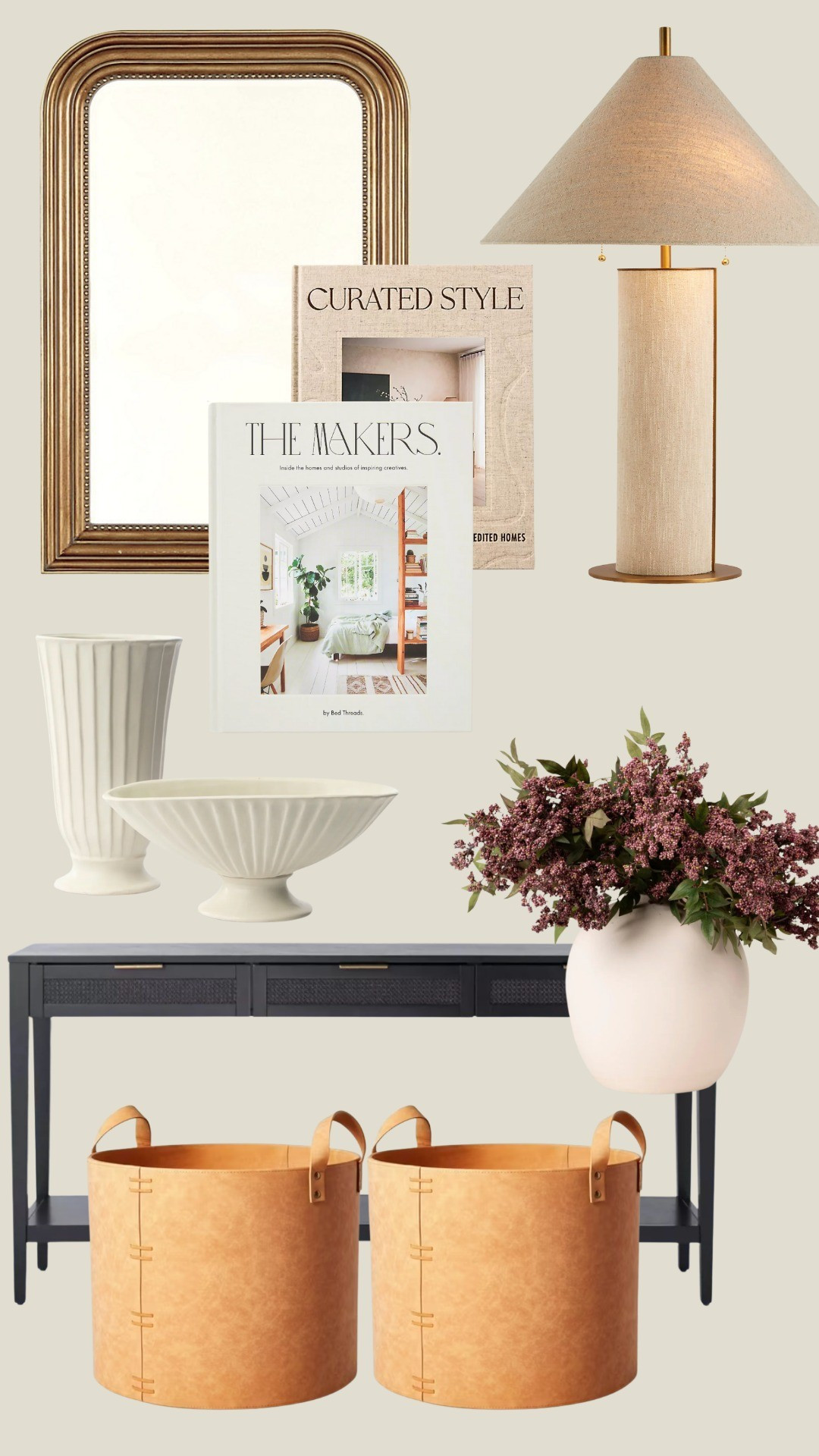 Entryway decorMirror, table lamp, faux plum stems, vase, footed bowl, decorative books, leather bins

#LTKHome