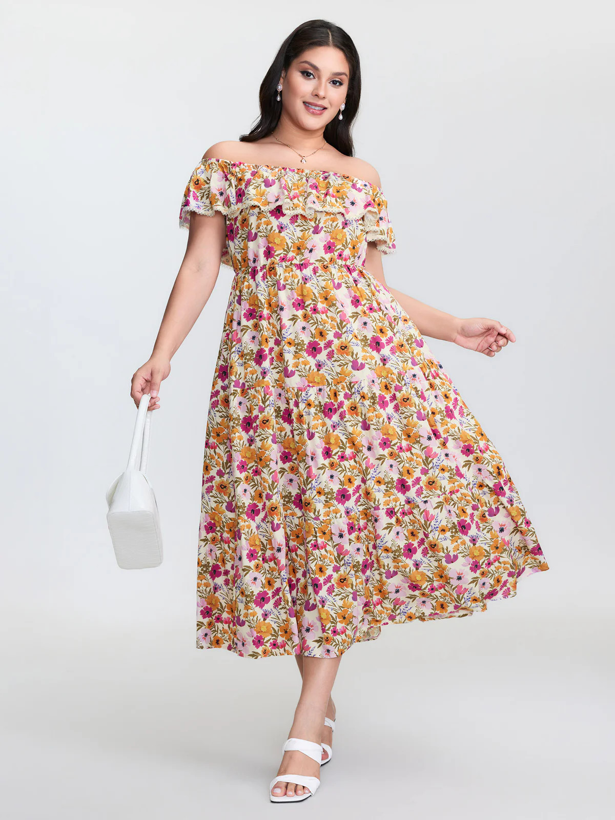 Floral Print Off-Shoulder Stretchy Waist Maxi Dress | Bloomchic