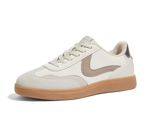 LUCKY STEP Women's Classic Fashion Casual Sneakers Skate Shoes No Slip Lace Up Walking Shoes(6 M US Beige Grey) | Amazon (US)