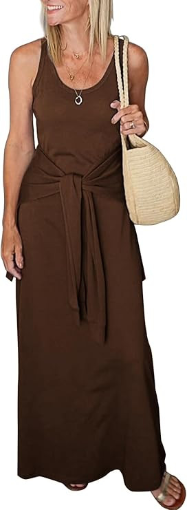 Evzeiem Women's 2025 Summer Maxi Tshirt Dress Tie Waist Casual Slim Fit Sleeveless Tank Long Beac... | Amazon (US)