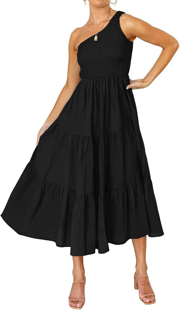 ZCSIA Women's 2023 Summer Boho One Shoulder Sleeveless Solid Color Ruffle Beach Party Tiered Midi... | Amazon (US)