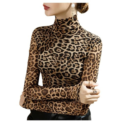 Women's Turtleneck Long-Sleeve Leopard Print Top with Slim Fit and Versatile Daily Top (Leopard,XX_Large,Female,US,Alpha,XX-Large,Regular,Regular,Adult) | Amazon (US)