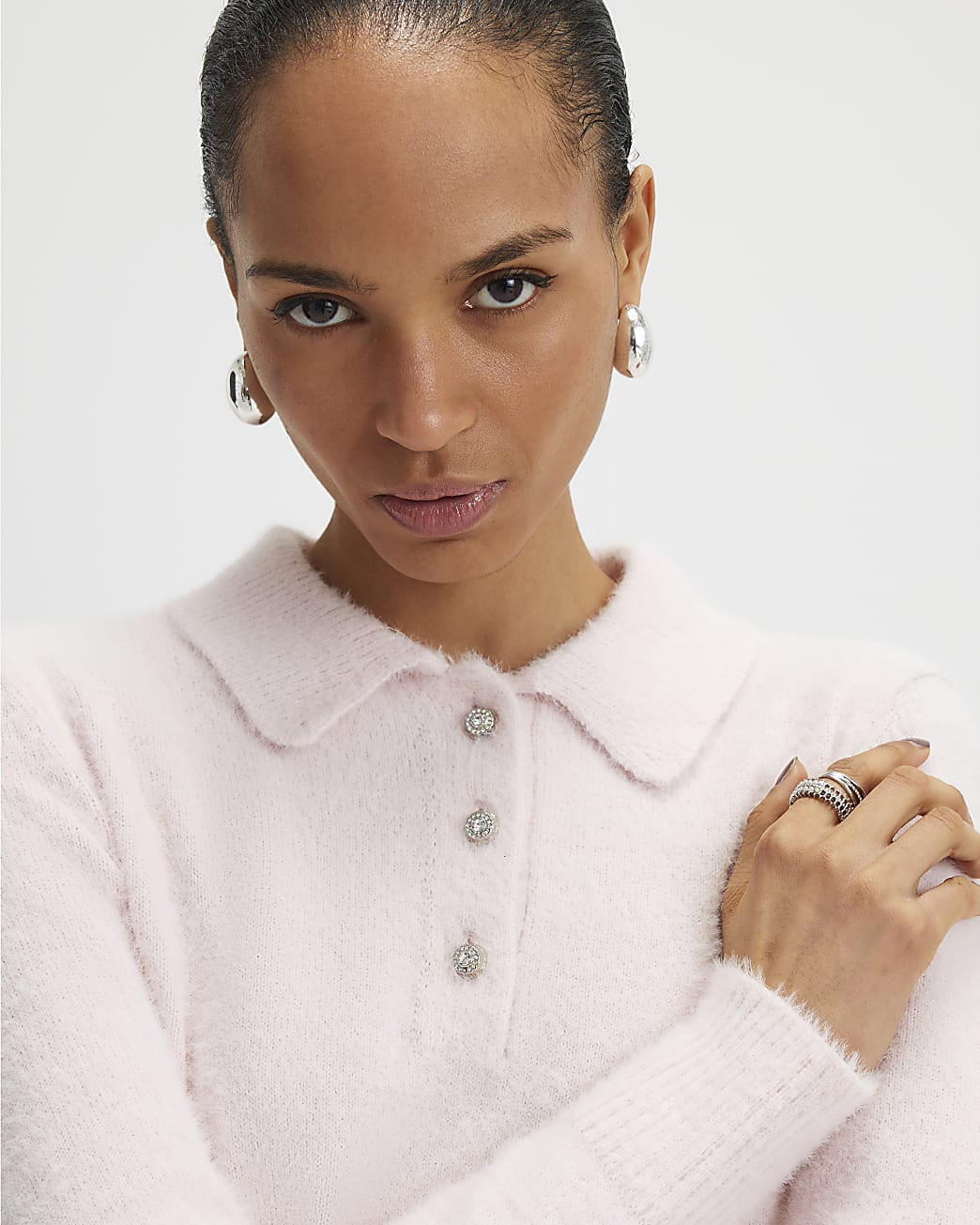 Pink Long Sleeve Fluffy Polo Top | River Island UK & IE