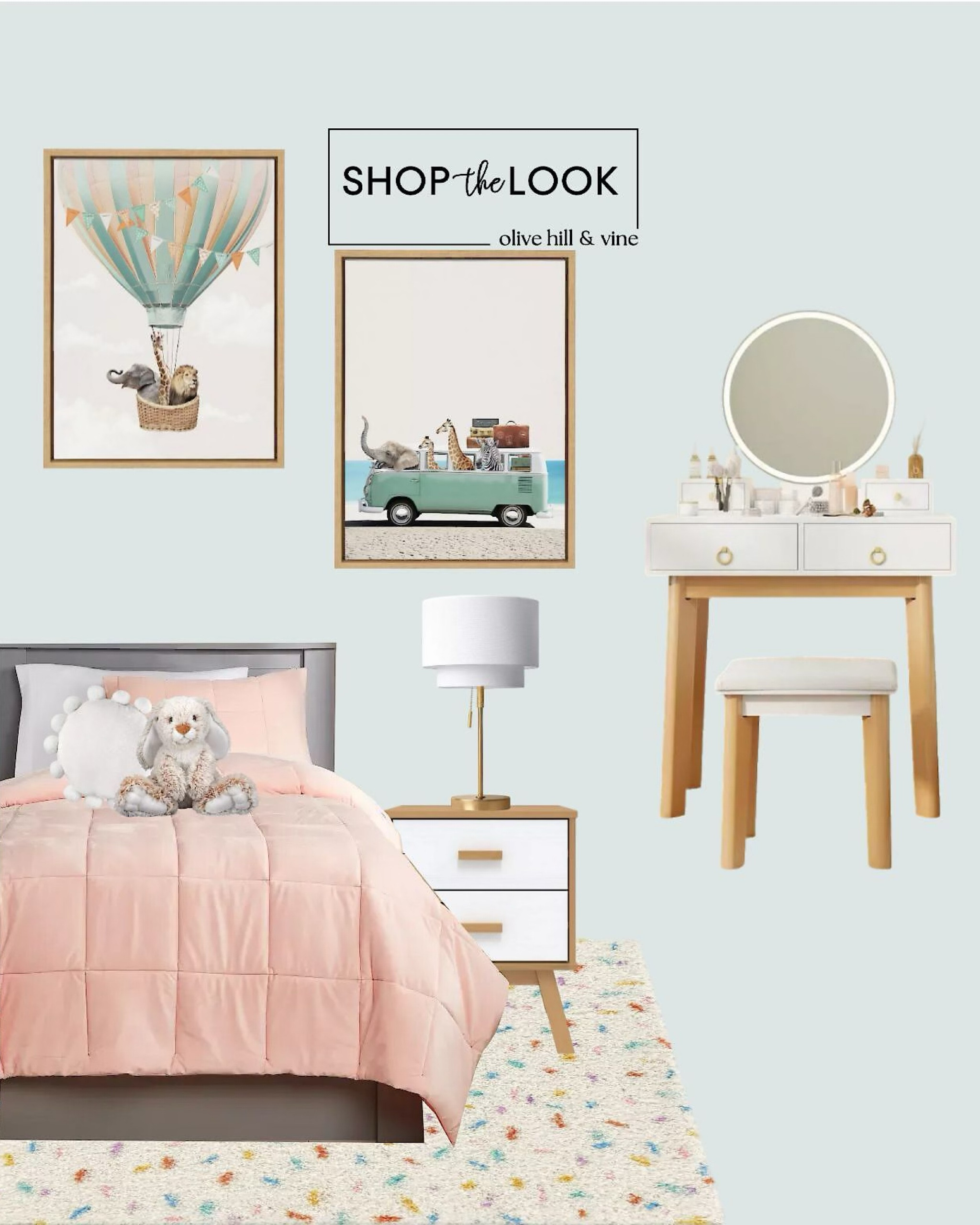 Adventure awaits in this zoo-inspired bedroom. Highlights include a trundle bed for sleepovers, pom-pom accents, cozy pink velvet comforter, and playful wall art featuring animals in a hot air balloon and a VW bus. Stylish and sweet with a touch of fun! 

#LTKHome #LTKKids #LTKFamily