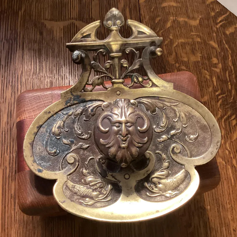 Antique bronze Geschutzt inkwell, koi and jester, Art Nouveau bronze inkwell, antique German inkw... | Etsy (US)