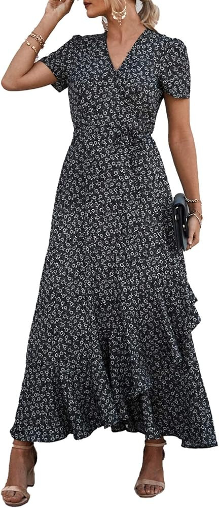 PRETTYGARDEN Women's Summer Wrap Maxi Dress Casual Boho Floral V Neck Short Sleeve Ruffle Hem Spl... | Amazon (US)
