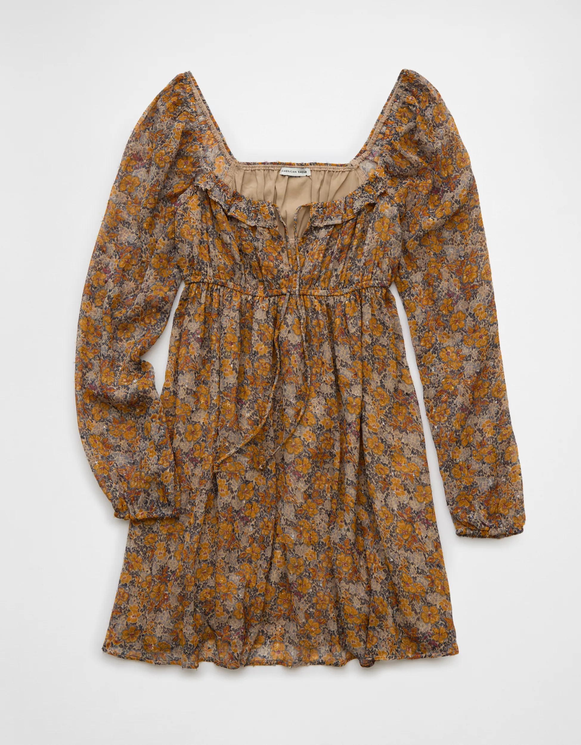 AE Long-Sleeve Chiffon Babydoll Mini Dress | American Eagle Outfitters (US & CA)