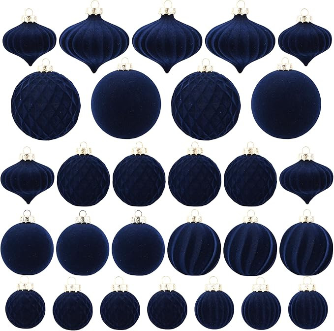Flocked Ornaments for Christmas Tree Decorations - 28pcs Navy Blue Velvet Ball Ornament for Xmas ... | Amazon (US)