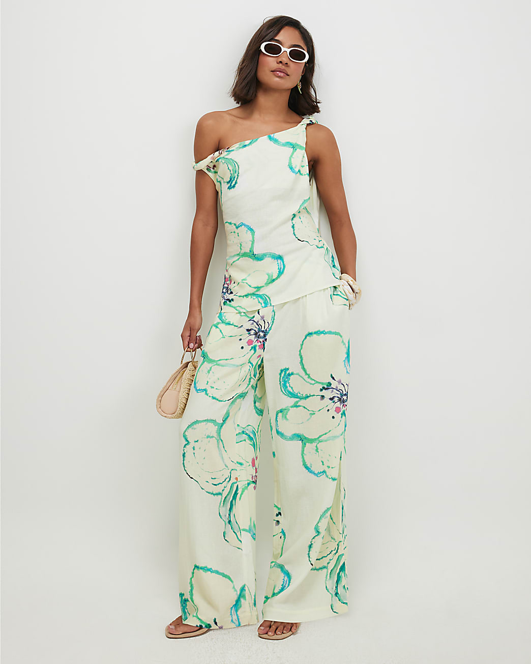 Green Linen Blend Printed Wide Leg Trousers | River Island UK & IE