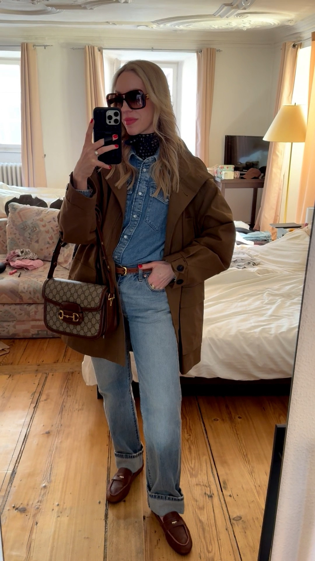 Look of the day, travel style, @Zara trench coat, all denim outfit, @Levi's 90’s baggy jeans, @Zara leather loafers, Celine aviator sunglasses, Gucci bag

#LTKTravel #LTKdayinmylife #LTKootd