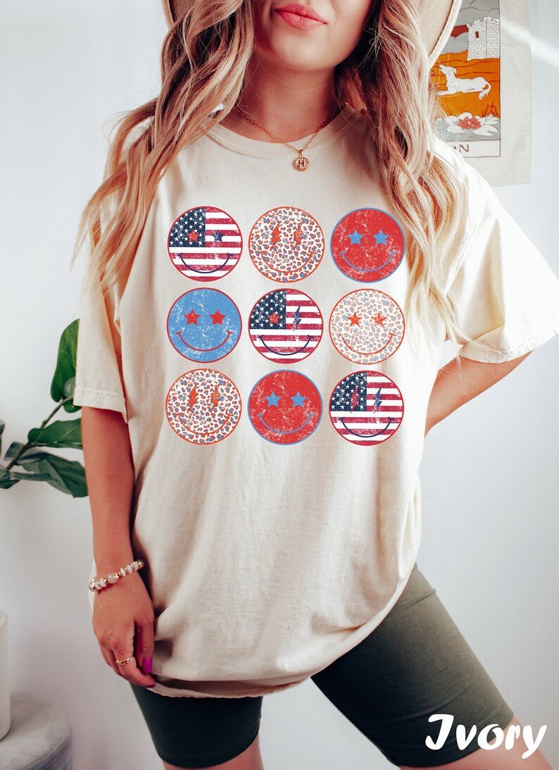 Comfort Colors Retro Smiley Flag USA Shirt, Fourth of July Tee, 4th of July Smiley Face, Oversize... | Etsy (US)