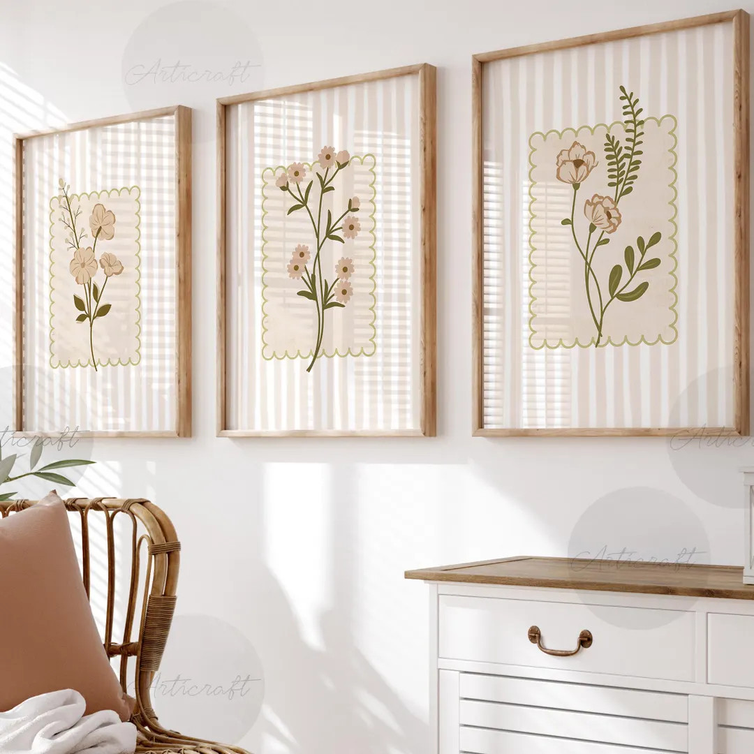 Floral Printable Set of 3 Retro Neutral Flowers Wall Art Digital Striped Botanical, Summer Home D... | Etsy (US)