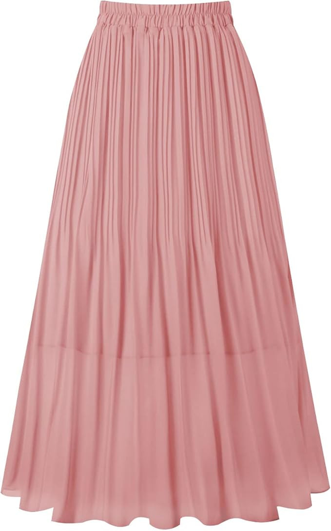 Kingfancy Women's Pleated Skirt Chiffon Elastic Waist A-Line Midi Length Skirt | Amazon (US)