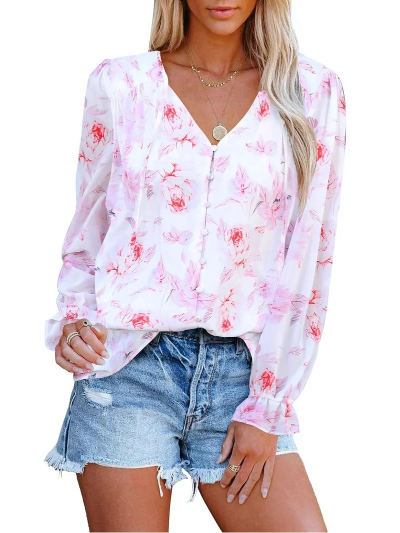 Siliteelon Boho Floral Blouses for Women Long Sleeve V Neck Chiffon Flowy Shirts Loose Fit | Walmart (US)