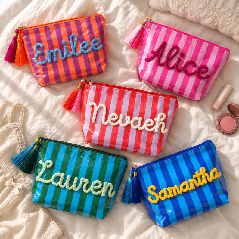 Personalized Travel Makeup Bag, Waterproof Striped Cosmetic Pouch, Custom Name Toiletry Bag for B... | Etsy (Global)
