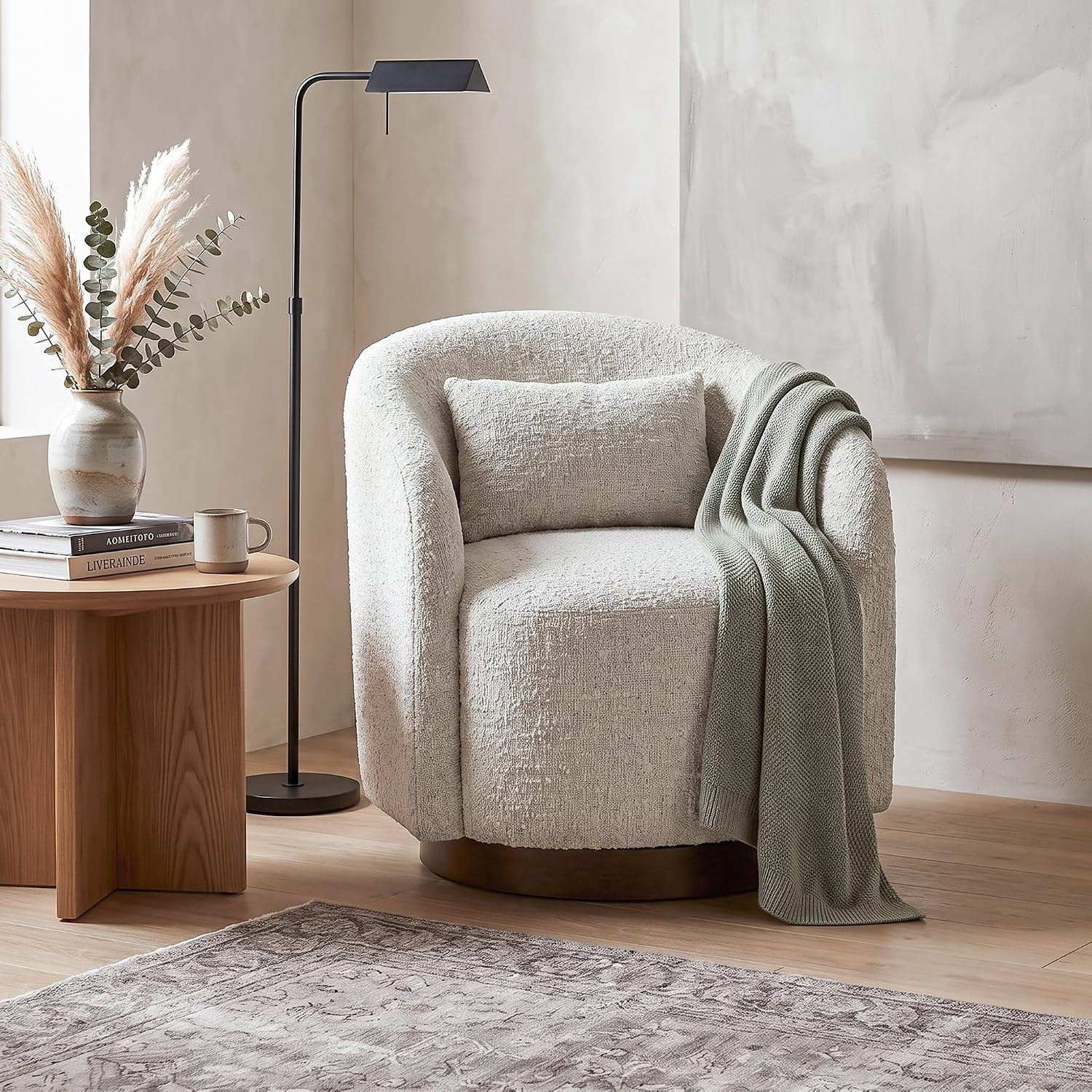 COLAMY Swivel Accent Chair for Living Room, Swivel Barrel Chair with 18.1-Inch Seat Height, Removable Lumbar Pillow, High-Density Foam, 360° Swivel, Round Wood-Look Base, Light Gray | Amazon (US)