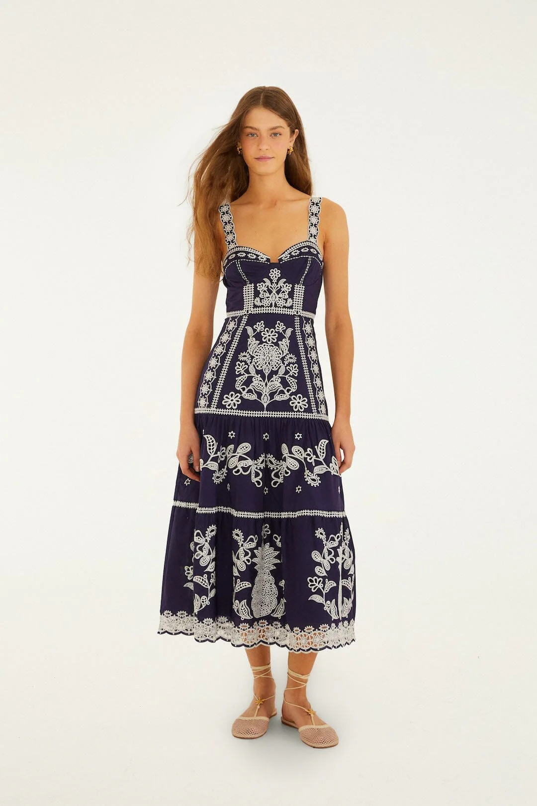 Blue Richelieu Embroidered Organic Cotton Midi Dress | FARM Rio | Farm Rio UK