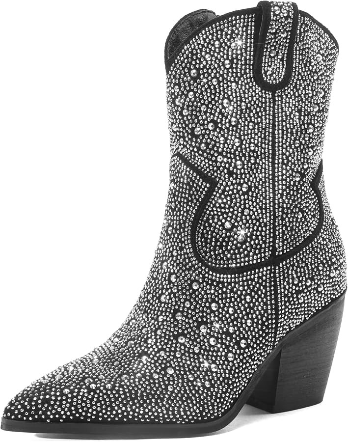 Women's Western Rheinstone Cowboy Boots Block Heel Pointed Toe Flash Ankle Boots for Outdoor Part... | Amazon (US)