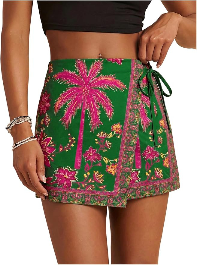 SweatyRocks Women's Boho Mini Skirts Floral Shorts Tie Side Wrap Elastic Waist Summer Skorts Beac... | Amazon (US)