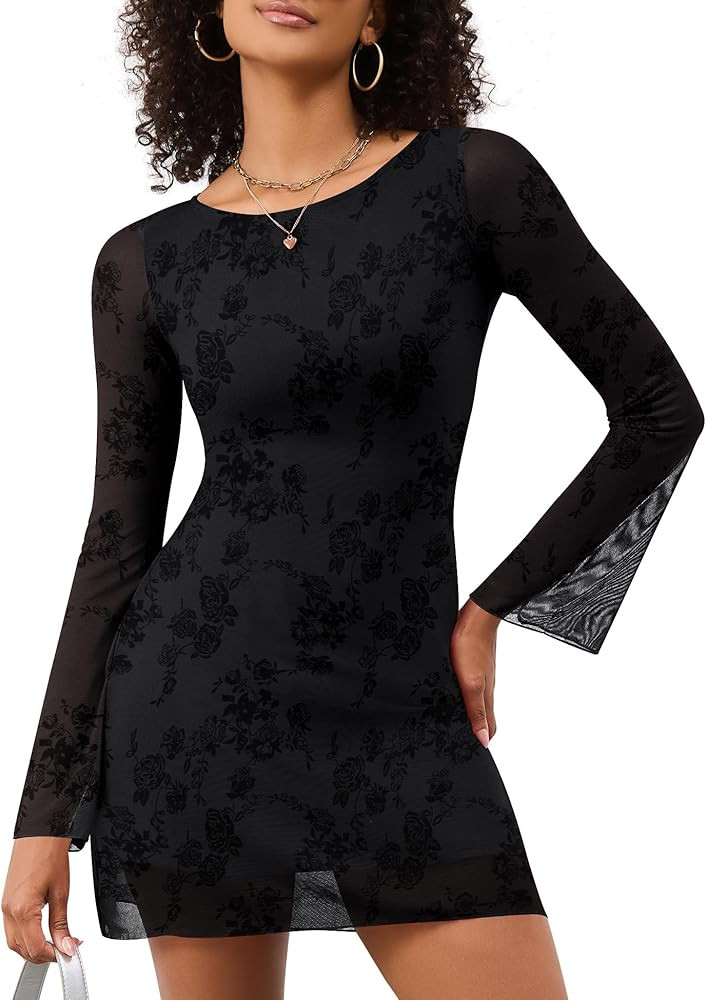 LOMON Womens Dresses Sexy Mesh Bell Sleeve Boat Neck Date Night Y2k Going Out Bodycon Mini Short ... | Amazon (US)