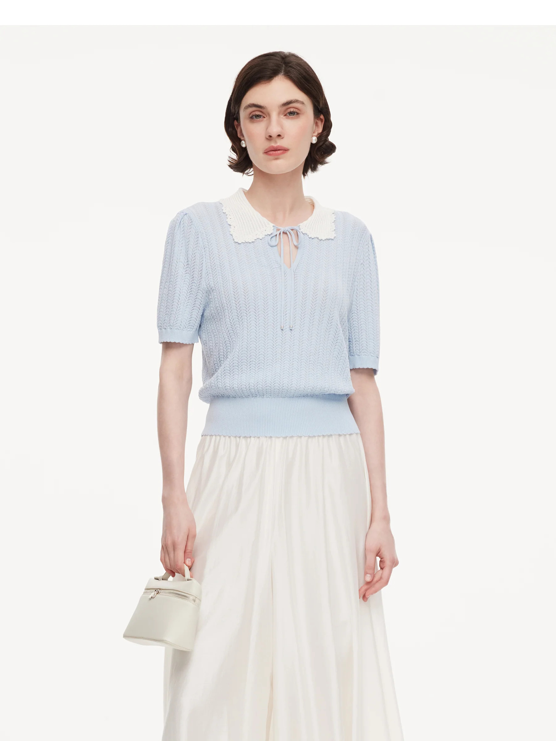 Tencel Blend Color Block Tie Front Women Openwork Knit Top - Sky Blue / XS | GOELIA